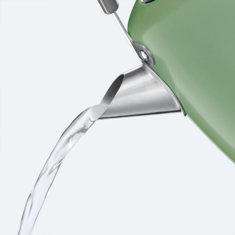 Matte green russell hobbs electric kettle with stainless steel handle and perfect pour spout pouring clear water