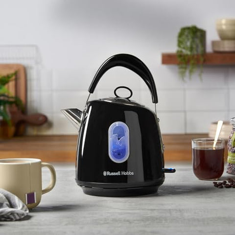 Black russell hobbs electric kettle with stainless steel, perfect pour spout, blue display, fast boil, 1.5l capacity