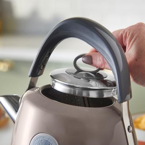 A sleek matte gray russell hobbs electric kettle with stainless steel lid handle and perfect pour spout for fast boil