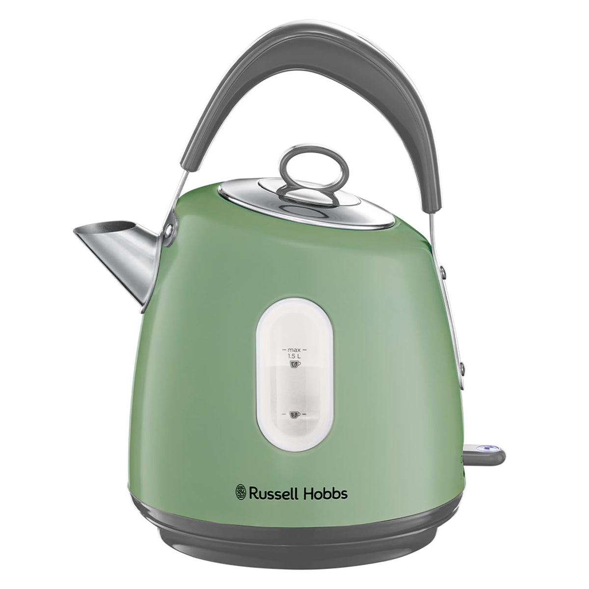 A matte sage green russell hobbs electric kettle with stainless steel lid and perfect pour spout for fast boil