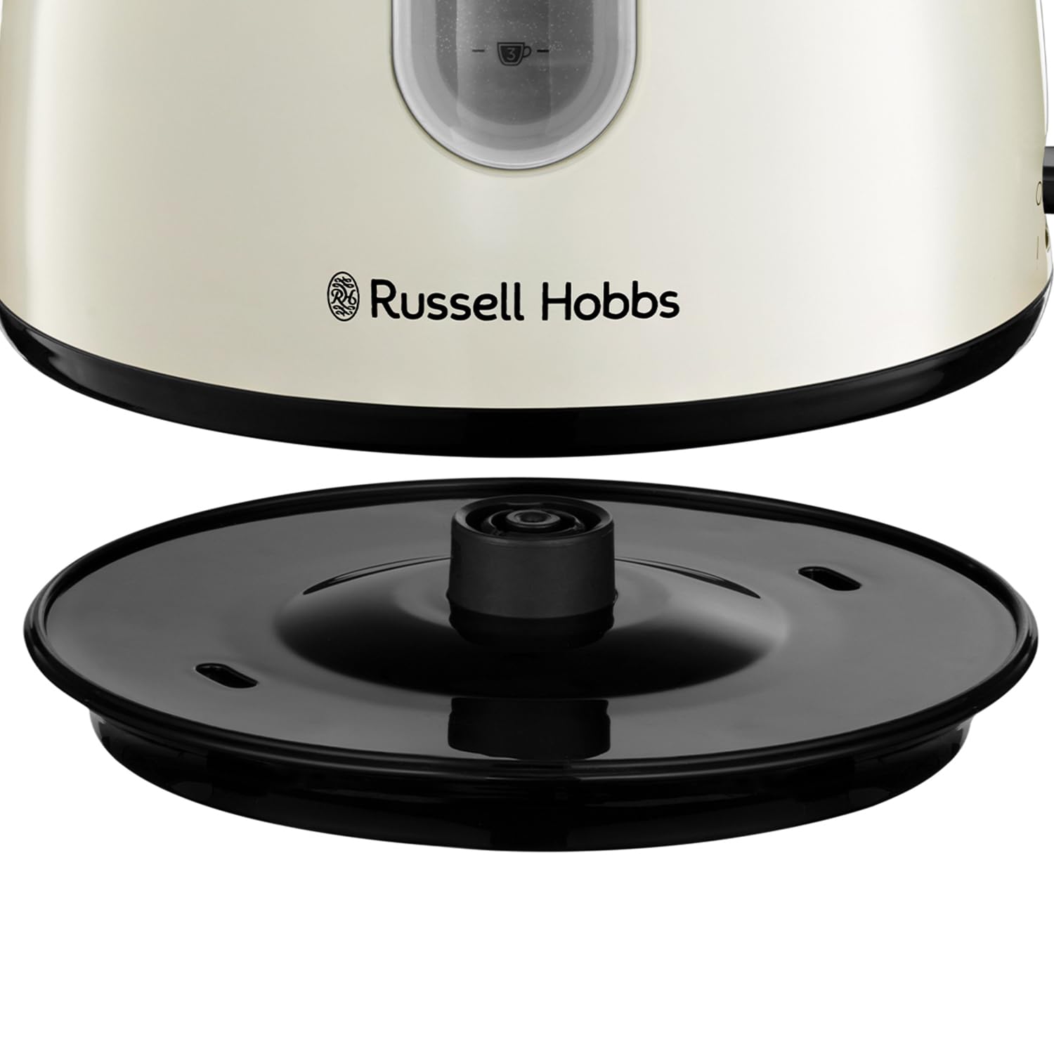 Cream-colored russell hobbs electric kettle with stainless steel grey accents and perfect pour spout for fast boil