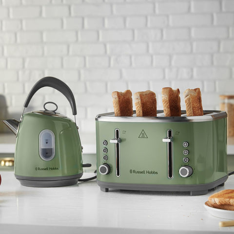 Olive green russell hobbs four slice toaster with silver accents and sleek modern design perfect pour spout kettle nearby
