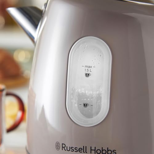Silver russell hobbs electric kettle with stainless steel body grey accents perfect pour spout and transparent water level indicator