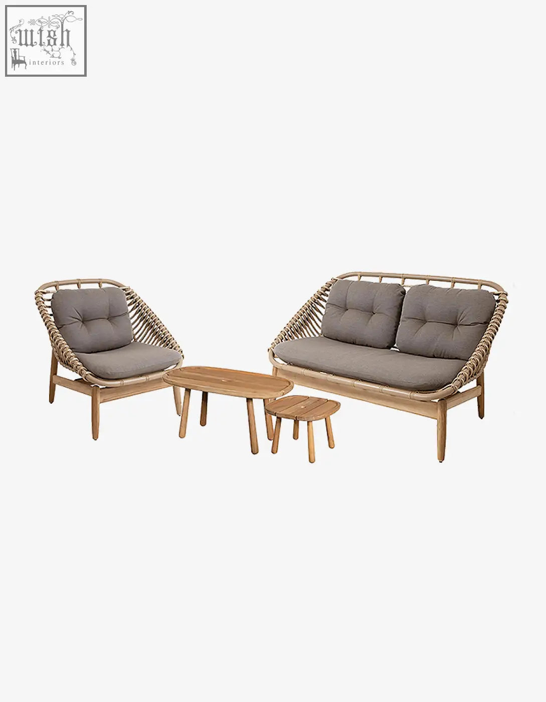 Rustam modern outdoor rattan corner sofa set with light brown woven frame and gray tufted cushions perfect for patios