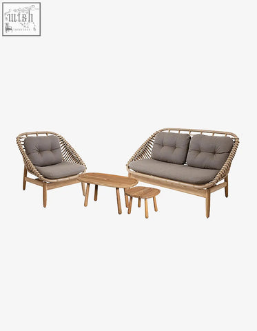 Rustam modern outdoor rattan corner sofa set with light brown woven frame and gray tufted cushions perfect for patios