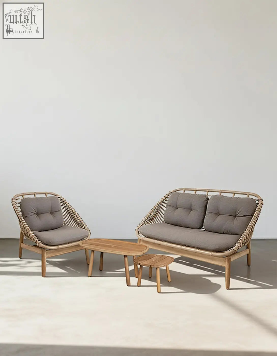 Rustam modern outdoor rattan corner sofa set with light brown woven frame and gray tufted cushions ideal for patio use