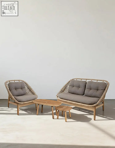 Rustam modern outdoor rattan corner sofa set with light brown woven frame and gray tufted cushions ideal for patio use