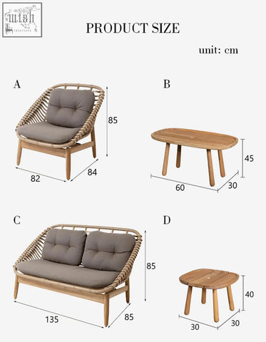 Rustam modern outdoor patio set with gray cushioned rattan corner sofa and wood frame, low shipping cost option