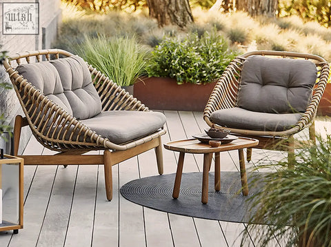 Rustam modern outdoor rattan corner sofa with gray tufted cushions and wooden legs perfect for patio use with low shipping cost