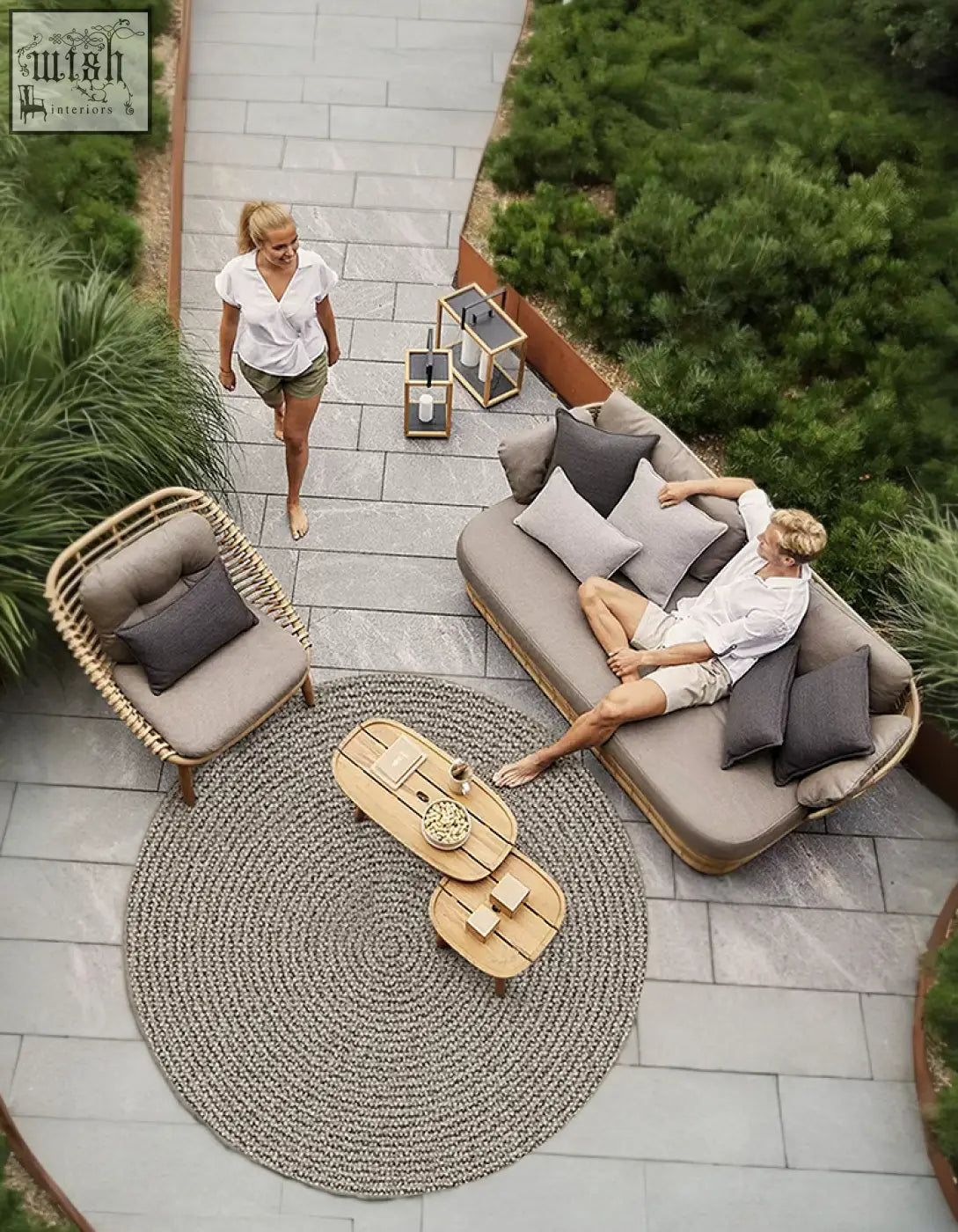 Rustam modern outdoor rattan corner sofa with gray cushions and wooden frame perfect for patio with low shipping cost