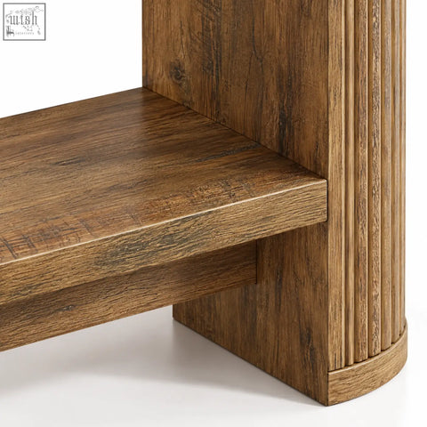 Rustic brown console table with textured wooden finish and vertical grooves featuring a lower shelf for storage