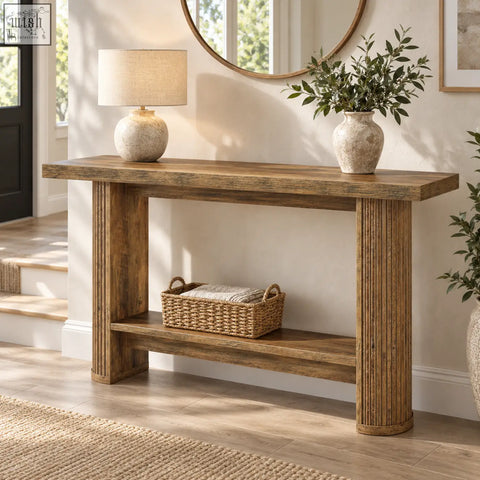 Rustic brown wooden console table with vertical fluted legs and lower shelf perfect for entryway or living room