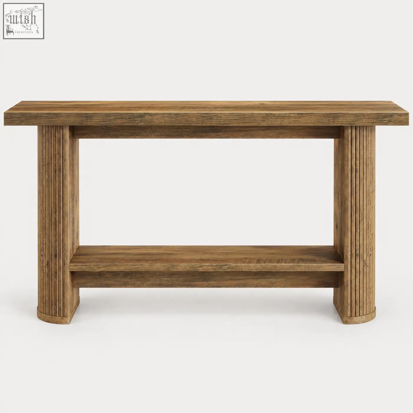 Rustic brown wooden console table with fluted legs and a lower shelf for extra storage and style