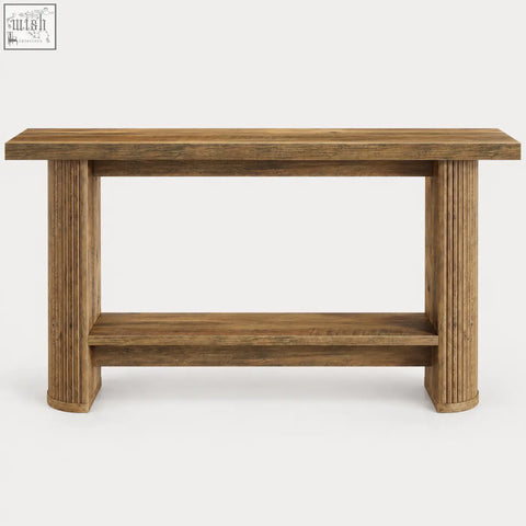 Rustic brown wooden console table with fluted legs and a lower shelf for extra storage and style