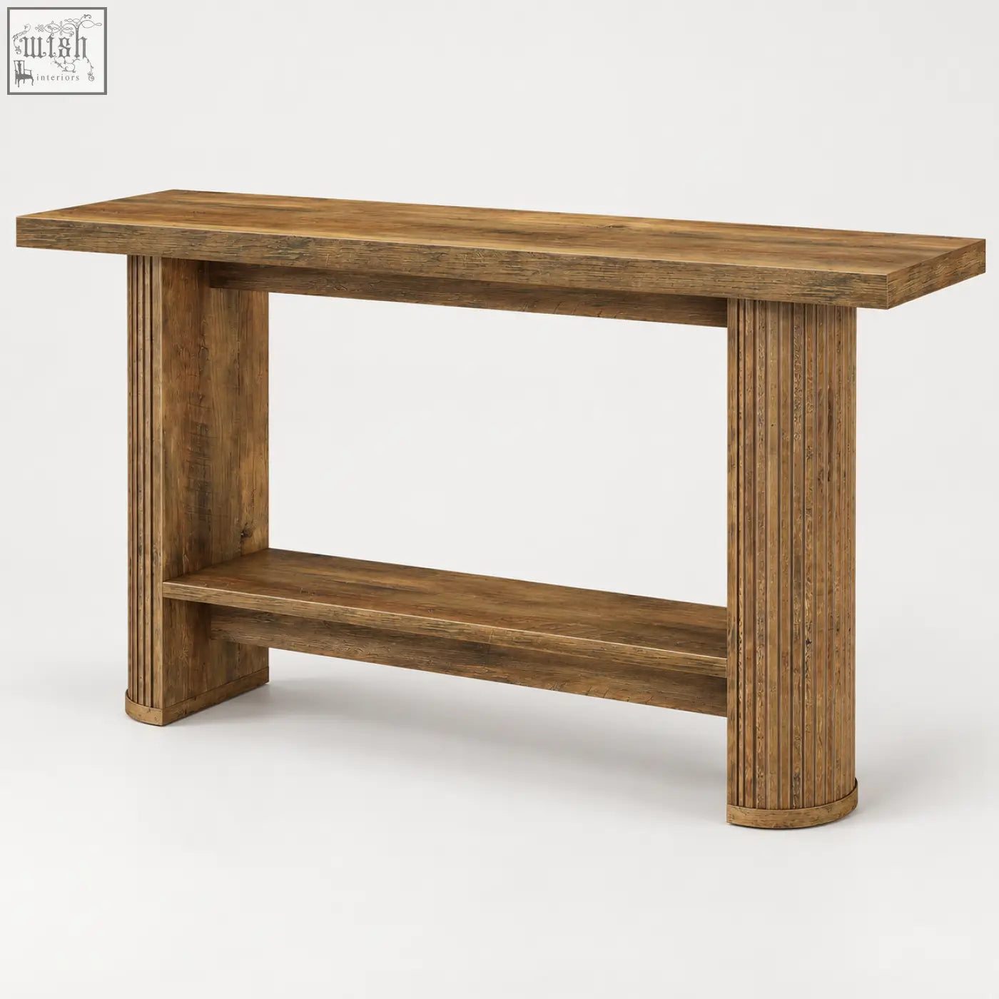 Rustic brown wooden console table with vertical grooved legs and a lower shelf for extra storage space