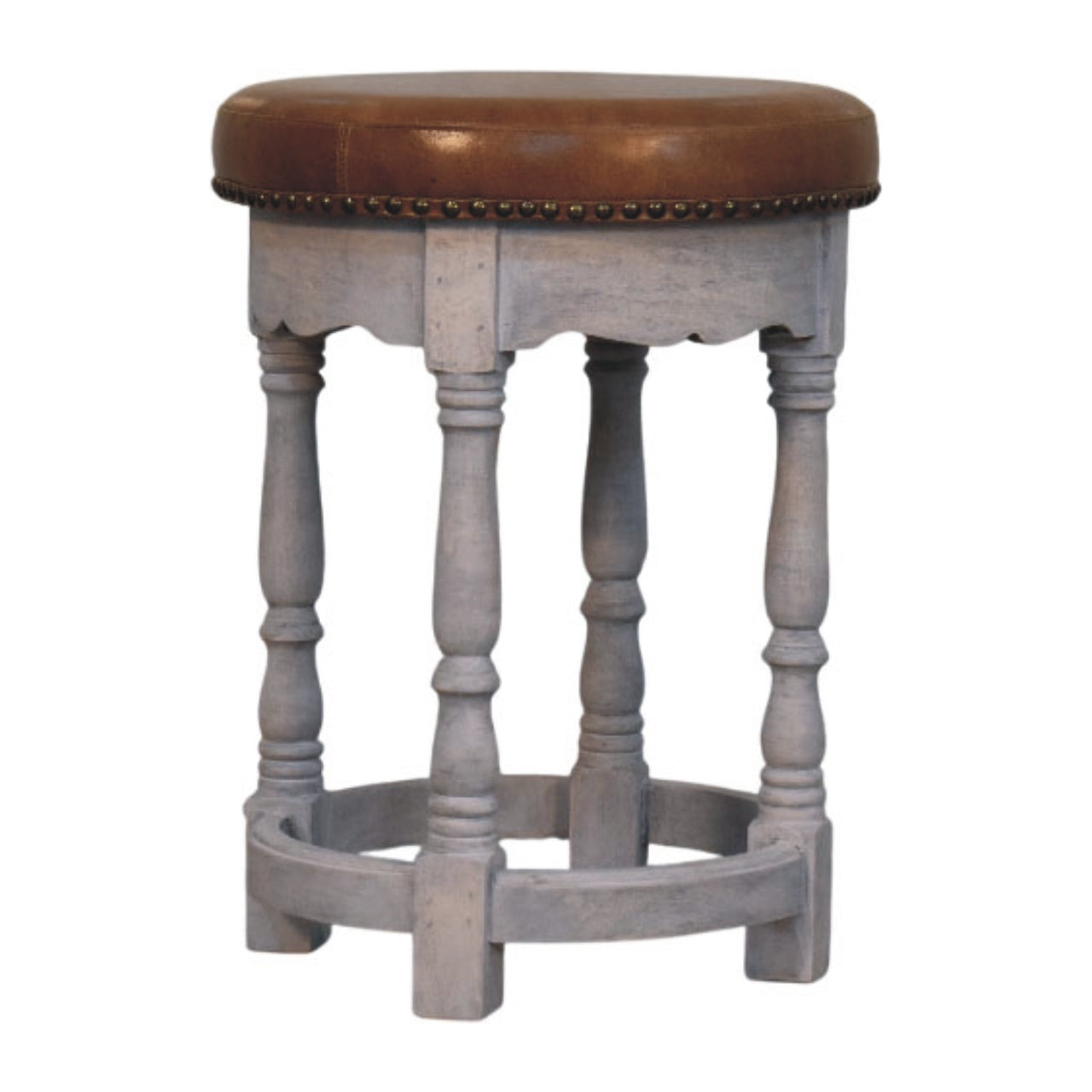Rustic charm stool featuring a gray wooden frame with a brown leather seat and brass nailhead trim