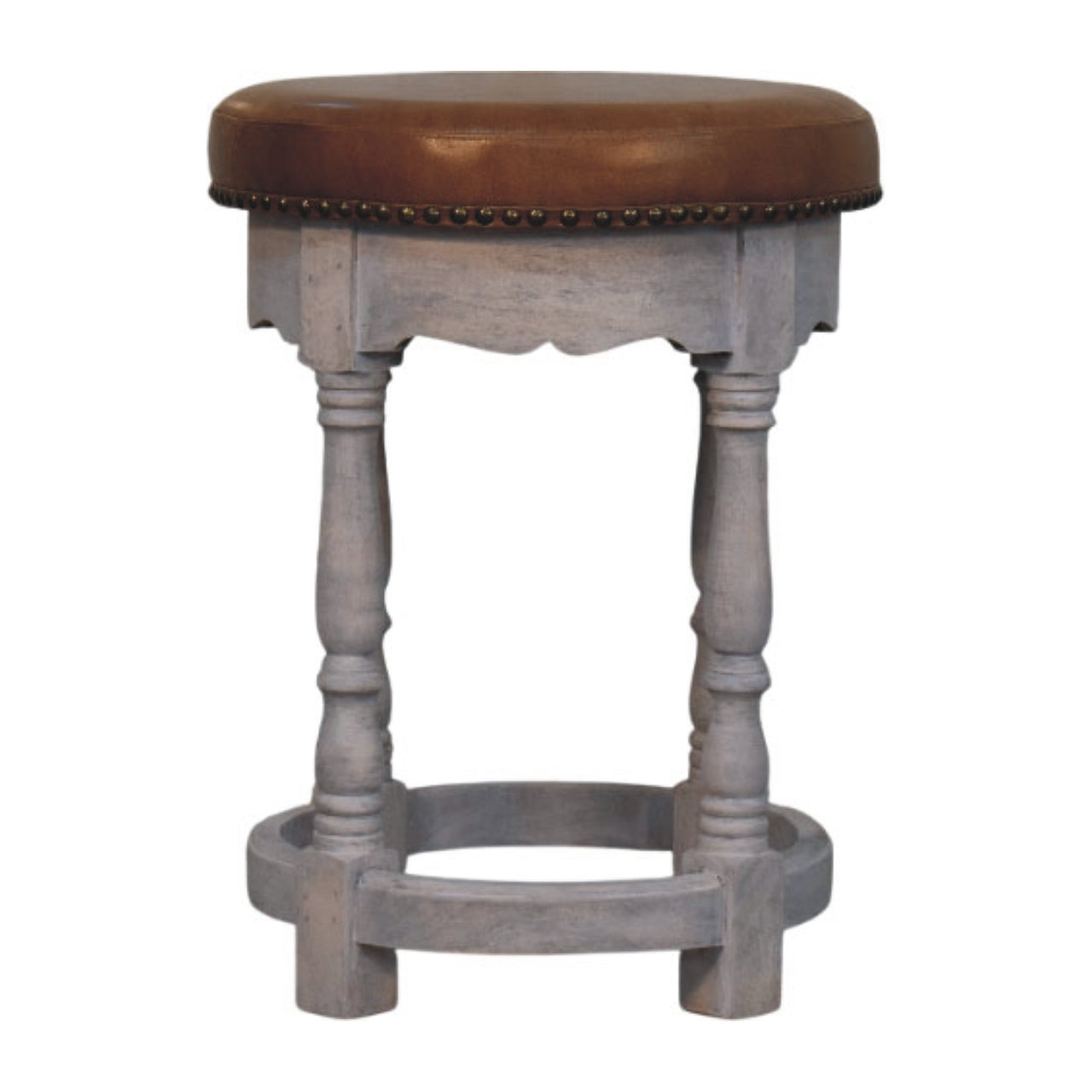 Rustic charm stool with gray wooden frame brown leather seat and nailhead trim perfect for farmhouse decor