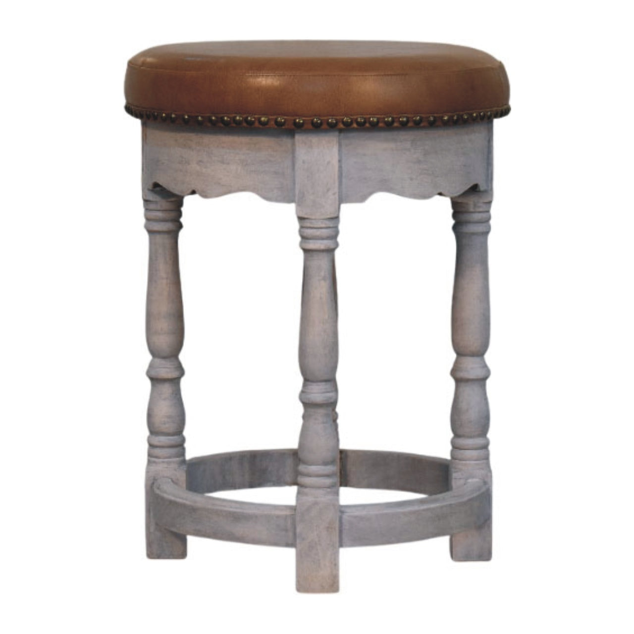 Rustic charm stool with a gray wooden frame brown leather seat and brass nailhead trim for a cozy vibe