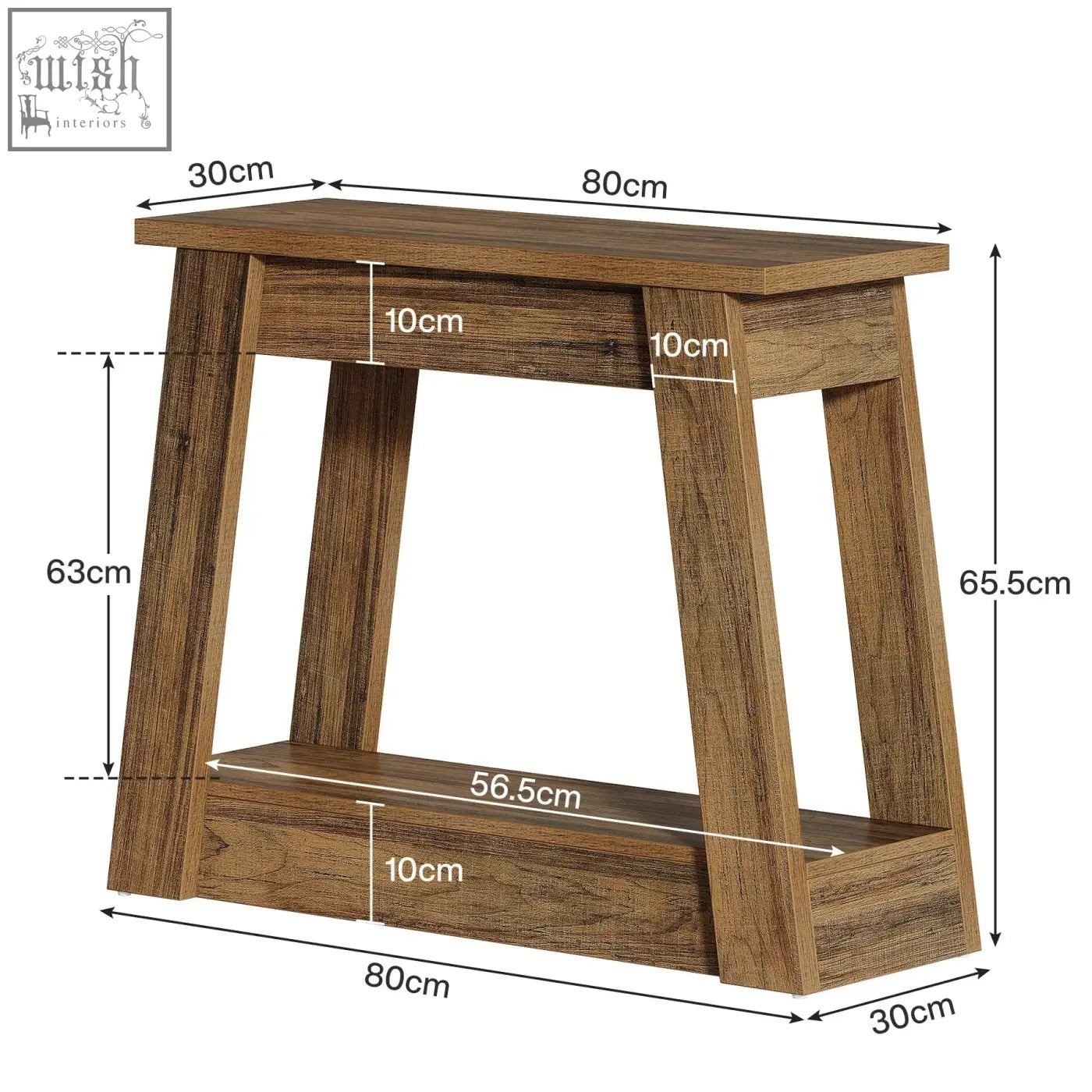 Brown wooden rustic farmhouse side table with a top and lower shelf featuring a visible wood grain texture