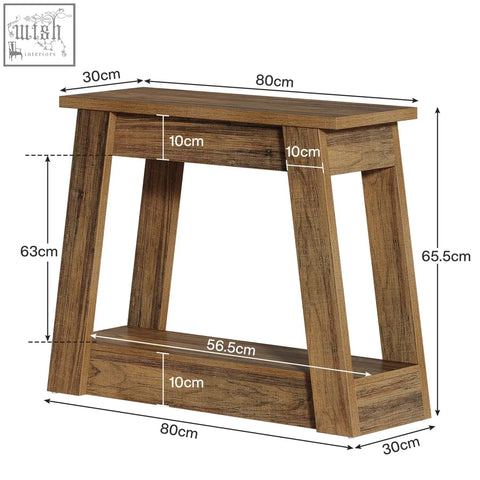 Brown wooden rustic farmhouse side table with a top and lower shelf featuring a visible wood grain texture