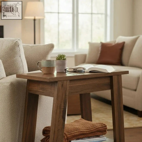 Dark wood rustic farmhouse side table with modern design sturdy rectangular legs and a lower shelf for storage