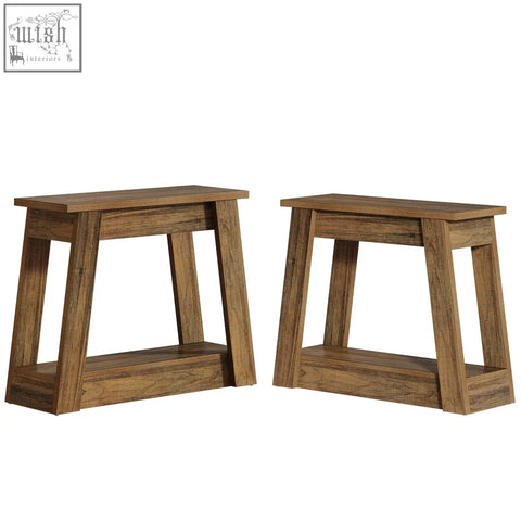 Pair of rustic farmhouse side tables in brown wood with sturdy a-frame design and lower shelf for storage