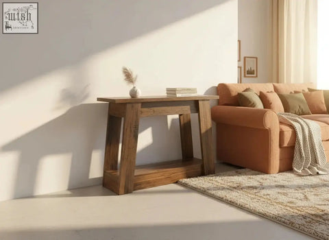 Rustic farmhouse wooden console table with sturdy a-frame base and lower shelf perfect as a coffee table