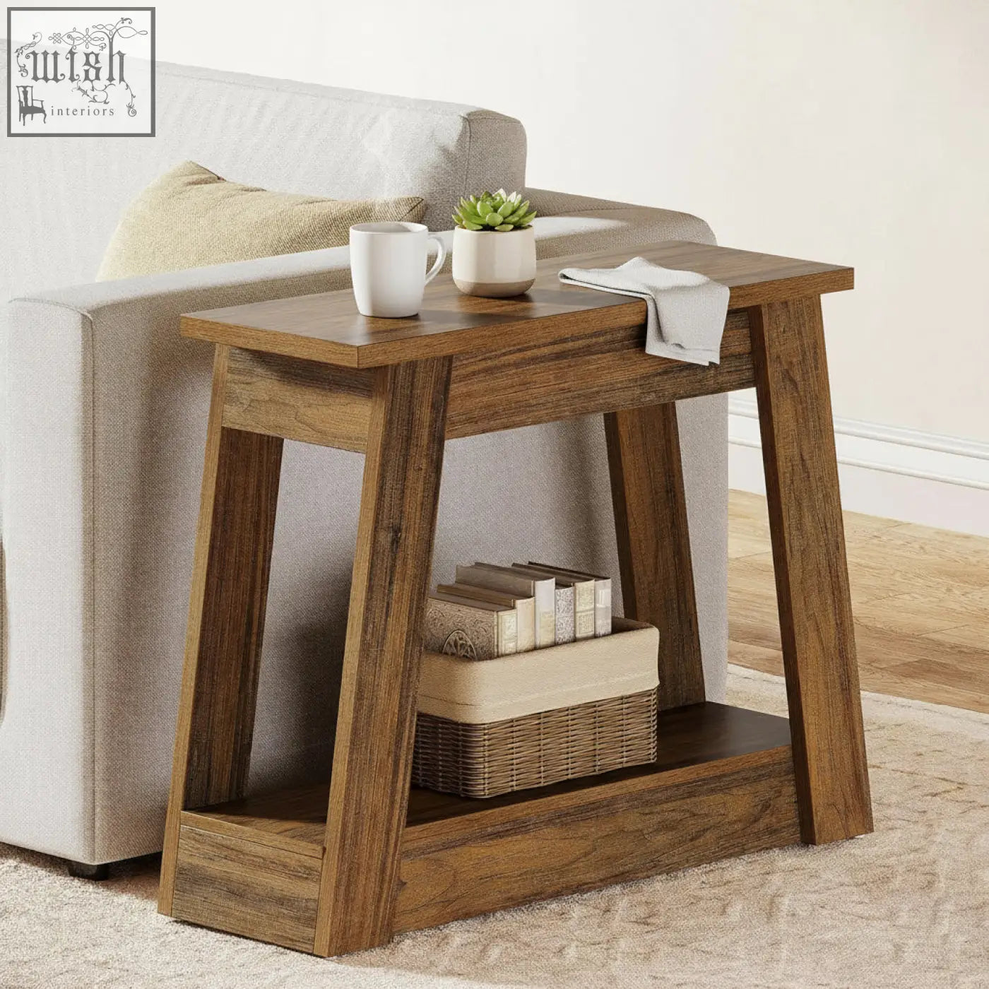 Rustic farmhouse side table in wood with a lower shelf holding a woven basket perfect as a coffee table accent