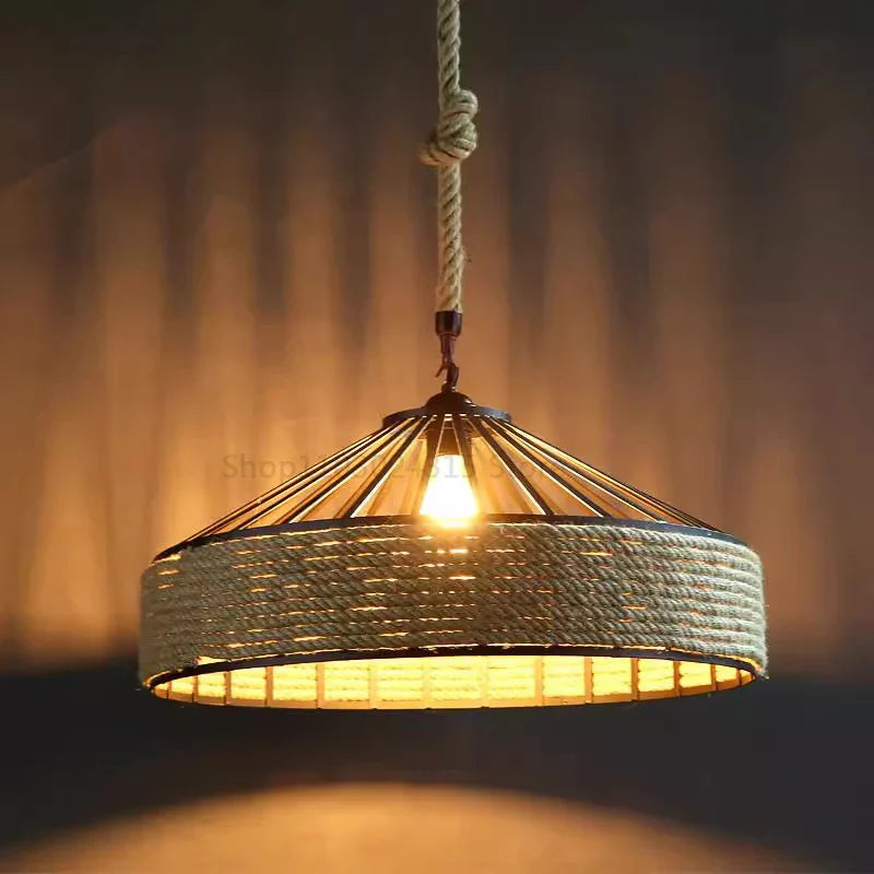 Rustic Hemp Rope Pendant Light – Industrial Retro Ceiling Lamp