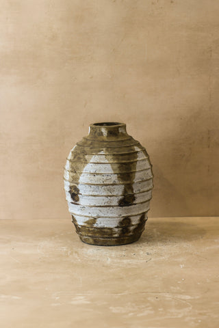 Rustic indonesian pot no 34 ceramic vase with horizontal ridges and mottled gray white earthy brown glaze