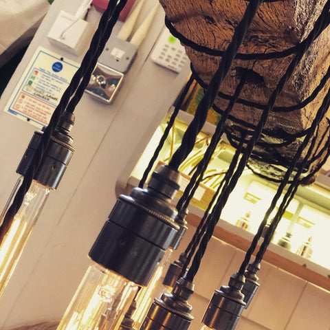 Rustic Oak Beam Chandelier with Wrapped Cables and Steel Brackets