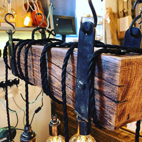 Rustic Oak Beam Chandelier with Wrapped Cables and Steel Brackets