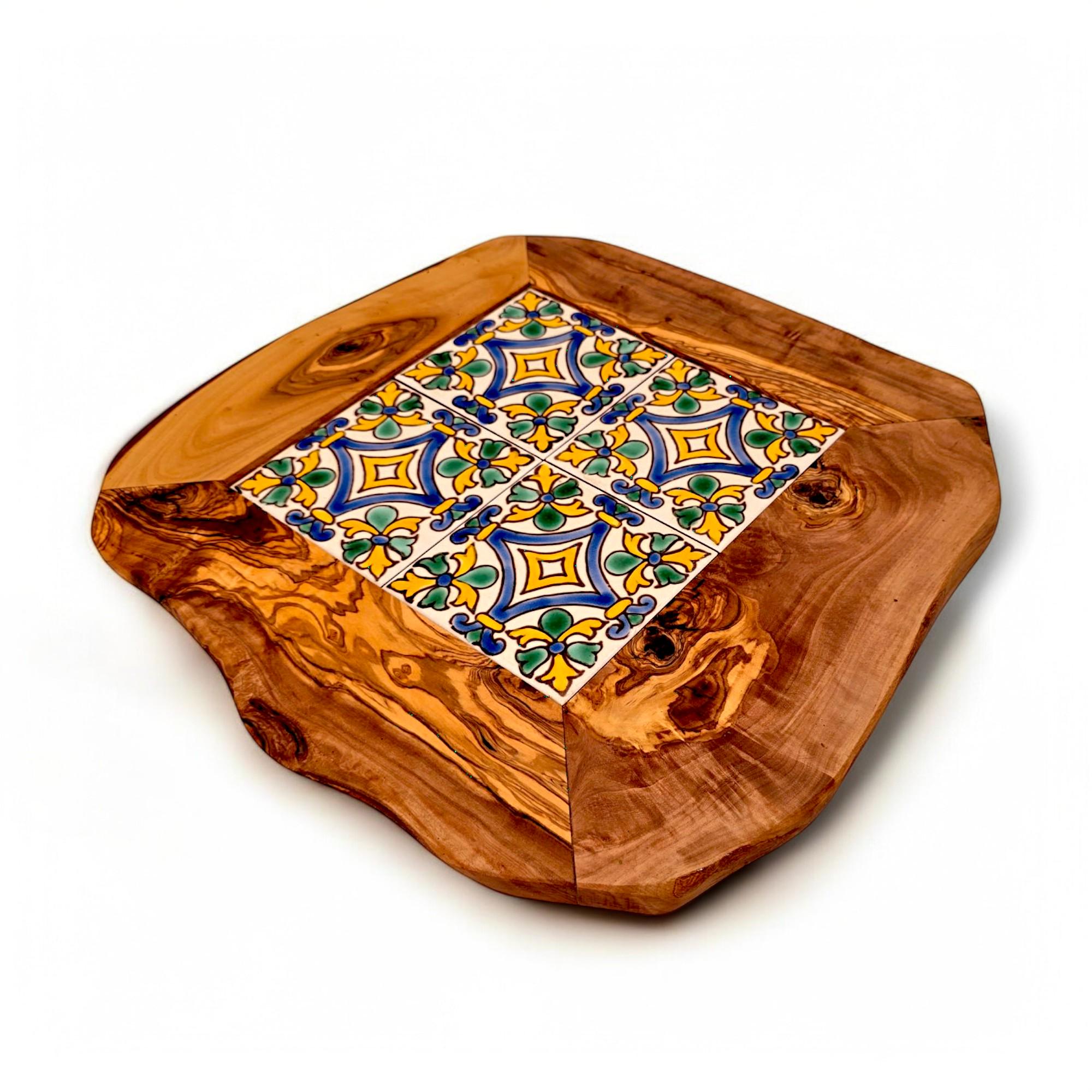 Rustic olive wood ceramic tray with colorful blue green and yellow floral tile centerpiece handmade serving board