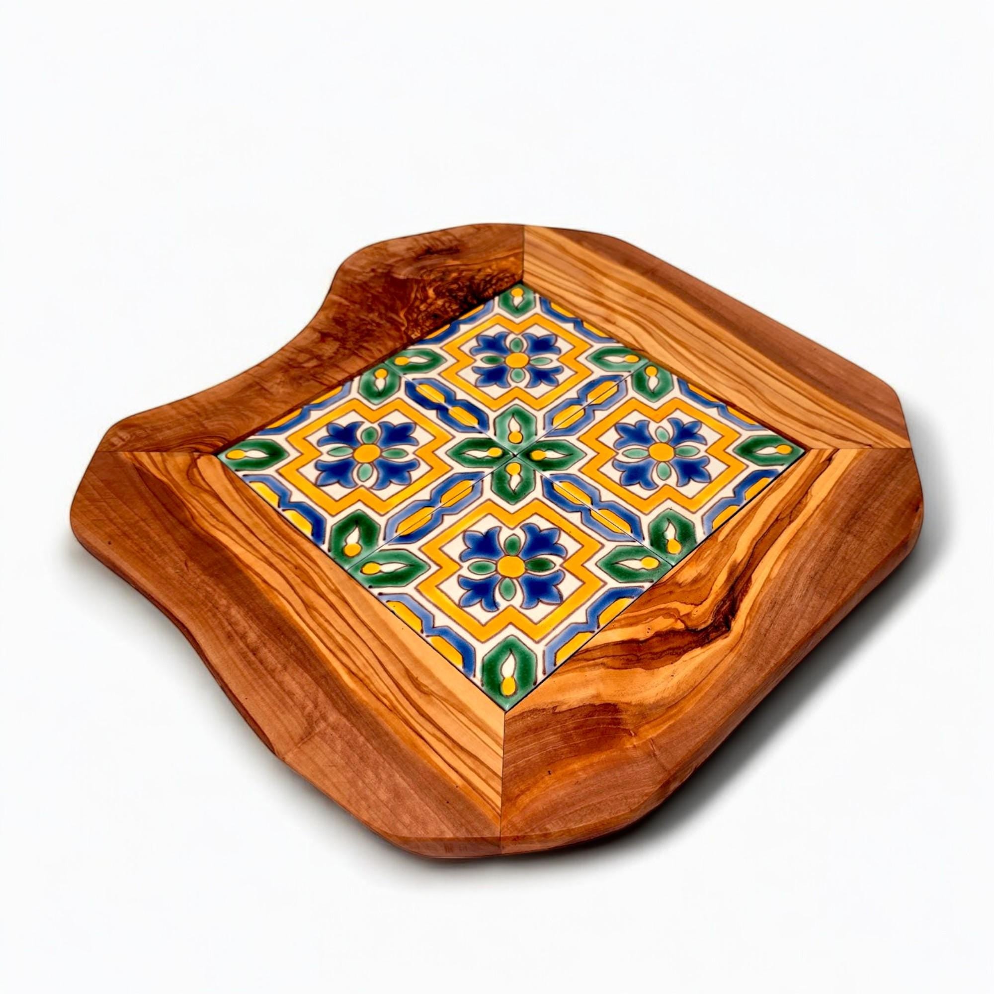 Handcrafted rustic olive wood ceramic tray with vibrant blue green yellow floral ceramic tile centerpiece for serving