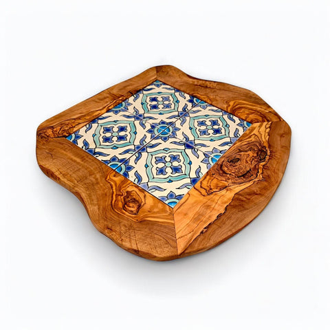 Rustic olive wood ceramic tray with blue and white patterned ceramic tile center perfect for serving and gifts