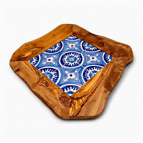 Rustic olive wood ceramic tray with vibrant blue and white patterned ceramic tiles handmade serving board