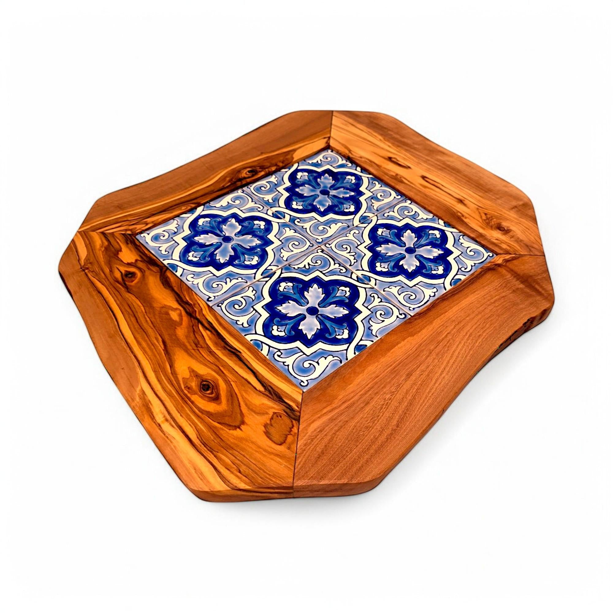 Rustic olive wood ceramic tray with blue and white floral tile center perfect for serving or gifting