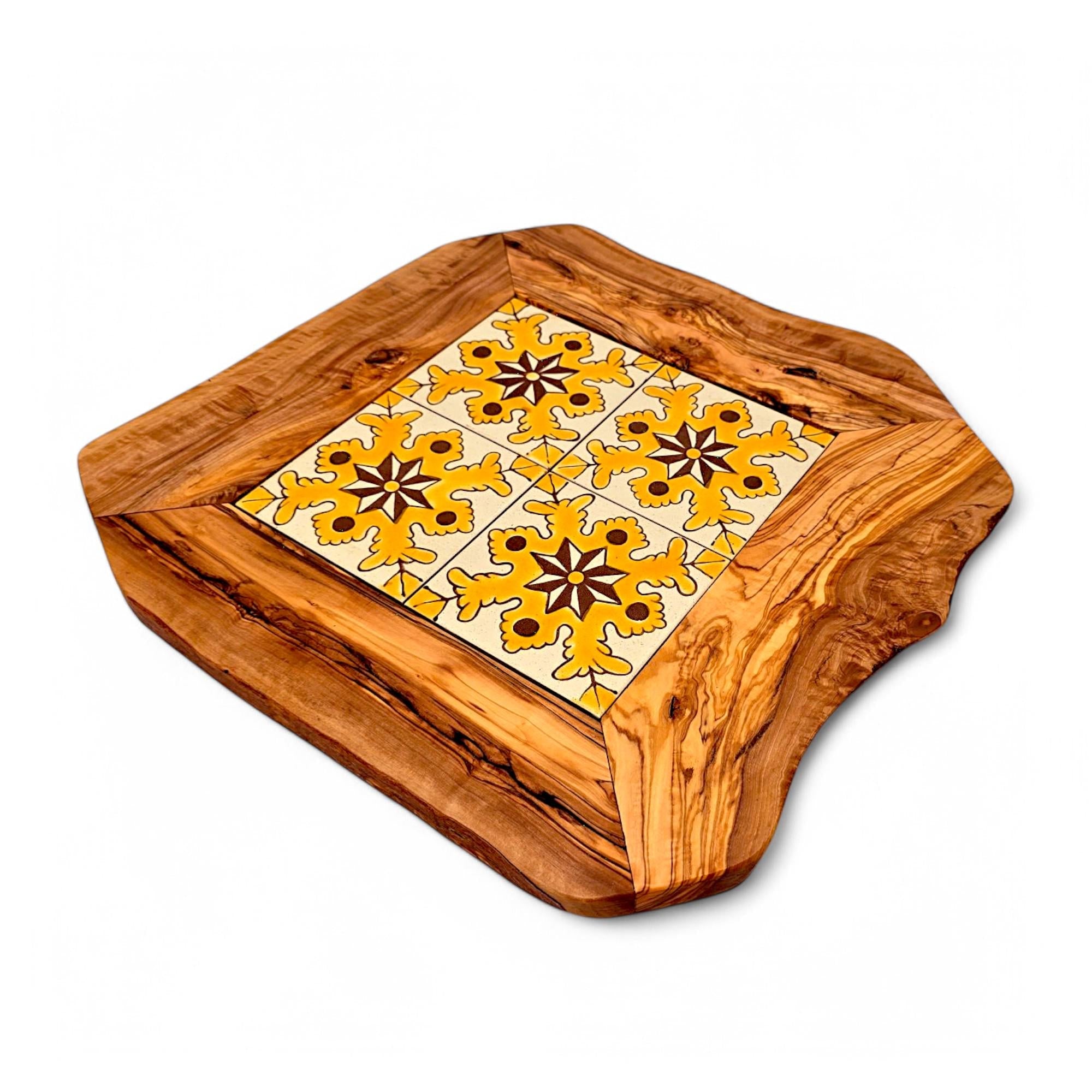 Rustic olive wood ceramic tray with vibrant yellow cream floral tiles perfect for serving or gifting