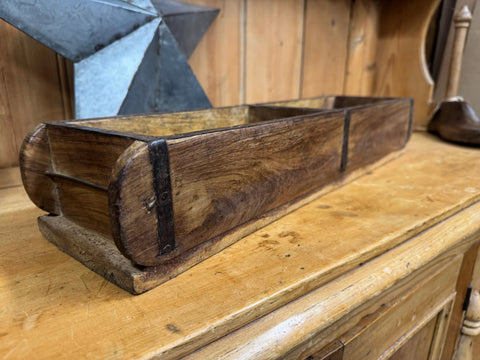 Rustic dark brown wooden double brick mould tray with curved edge and black metal reinforcement for storage or herbs