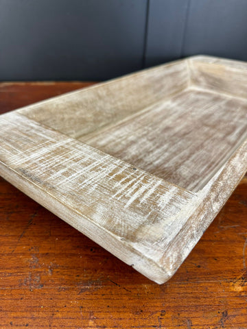 Rustic wooden serving bowl with distressed white finish and visible wood grain perfect for fruit bread and cheese tray
