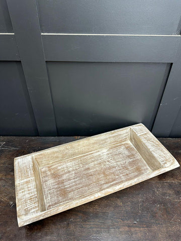 Rustic wooden serving bowl with distressed white finish and two raised compartments for fruit bread cheese board