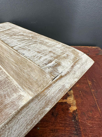 Rustic wooden serving bowl with weathered light wood and white wash finish for fruit bread antipasti cheese tray