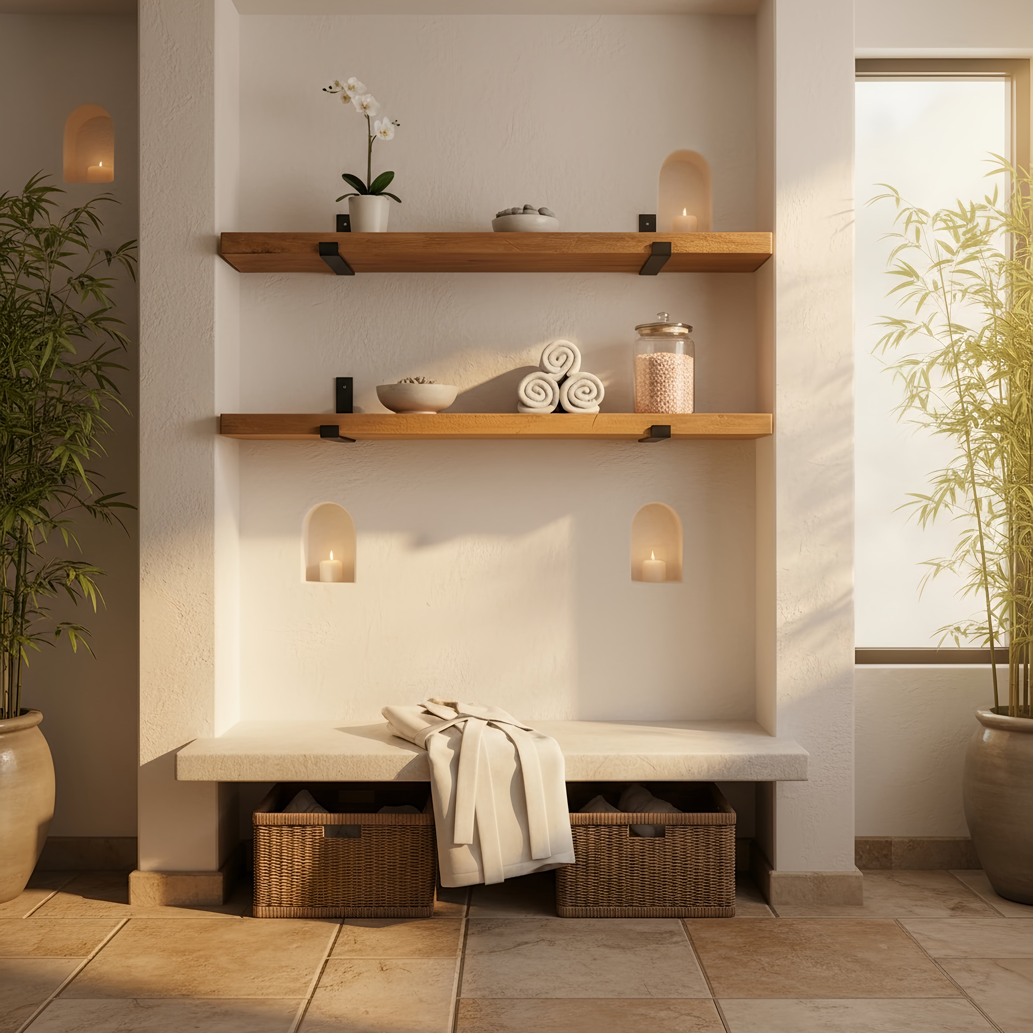 Rustic wooden shelf with metal inverted scaffold brackets holding rolled towels and decorative jars in a bathroom nook