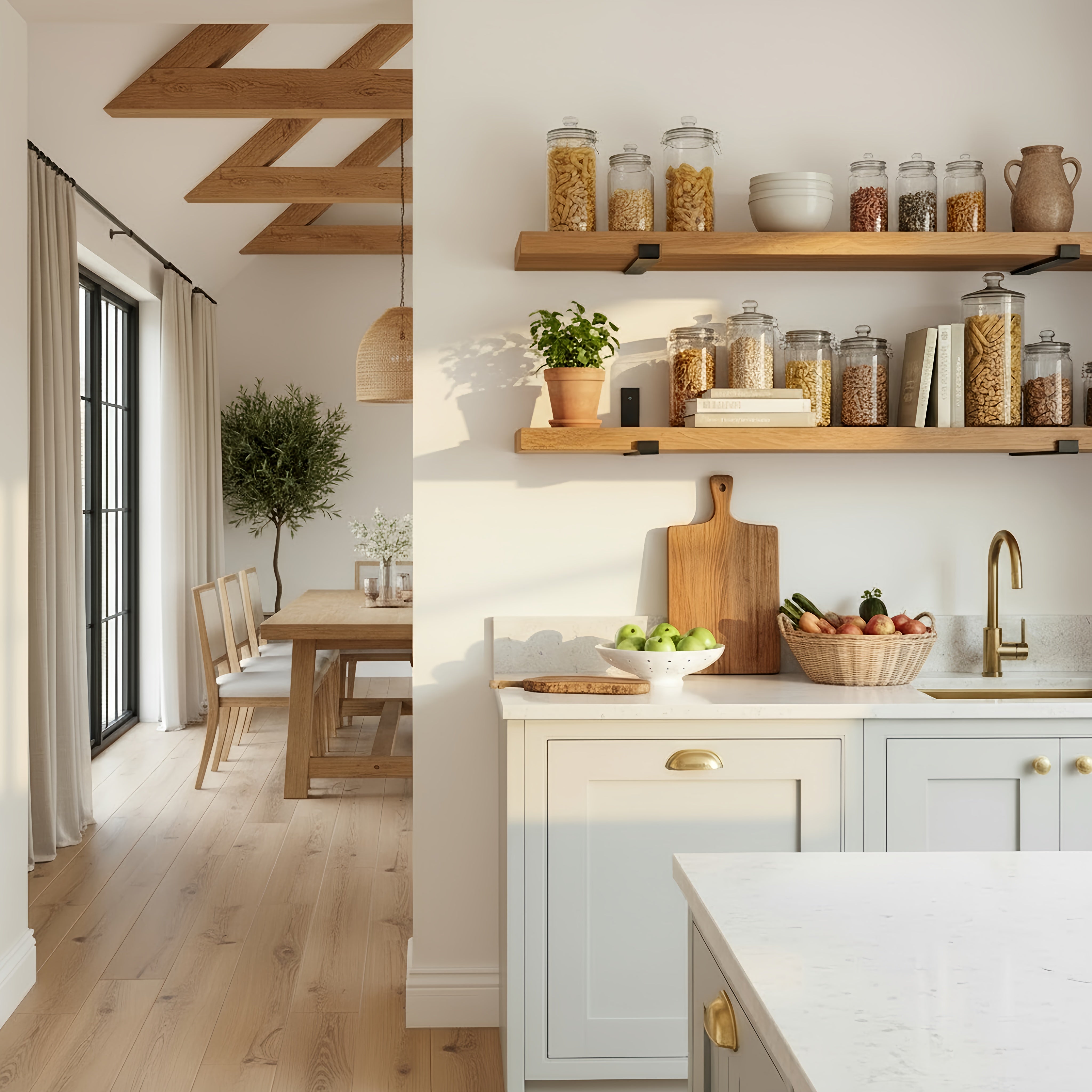 White kitchen cabinets with gold hardware next to a rustic wooden shelf with metal inverted scaffold brackets