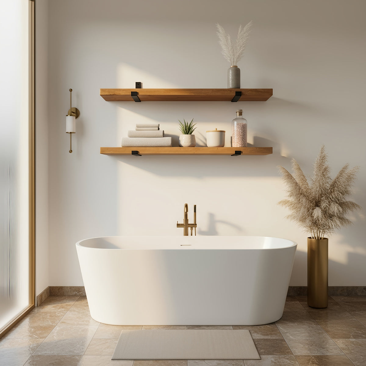 White freestanding bathtub with gold faucet beside rustic wooden shelf with metal inverted scaffold brackets and handmade natural item