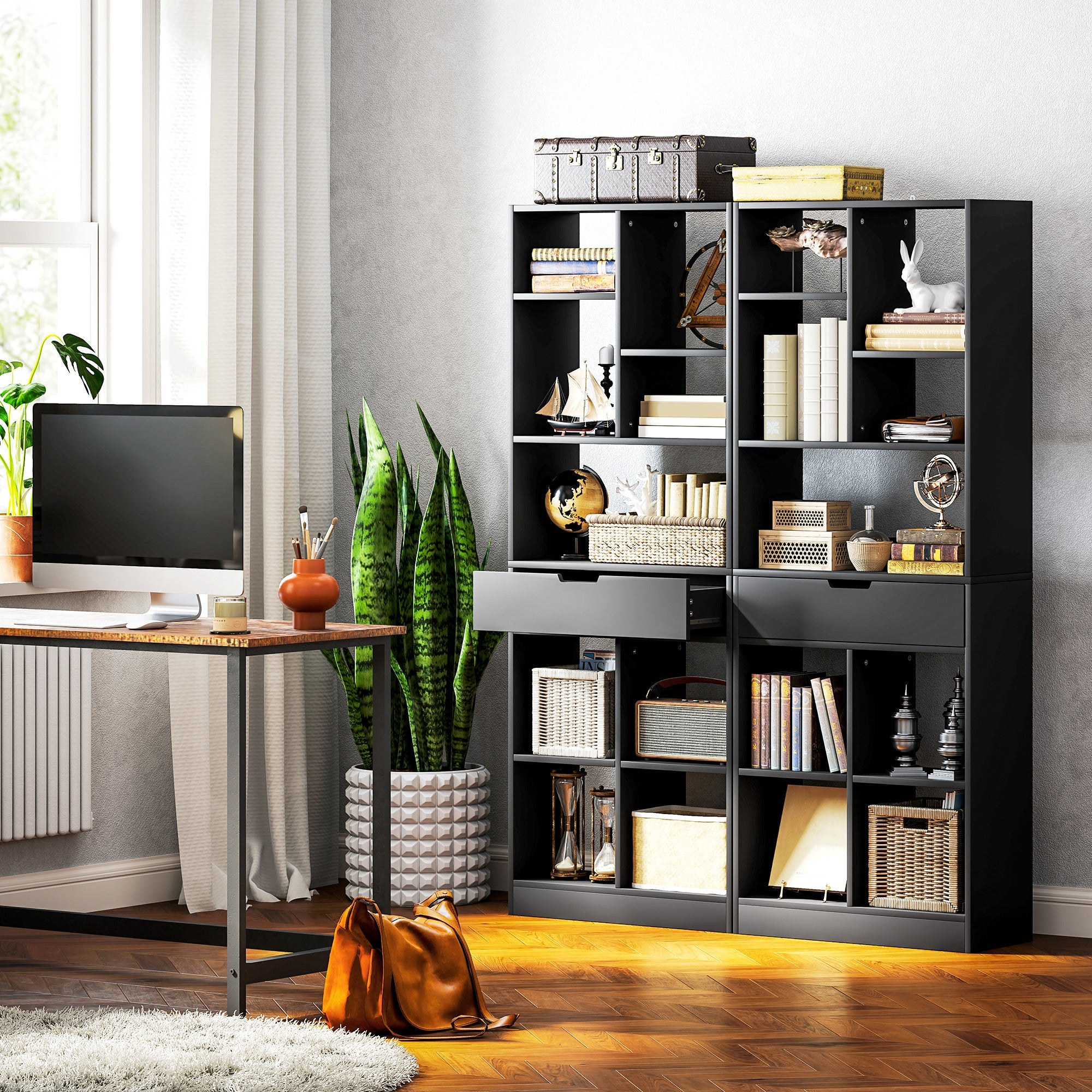 HOMCOM Tall Bookshelf with Drawer, Freestanding Bookcase for Bedroom, Living Room, Home Office, Black