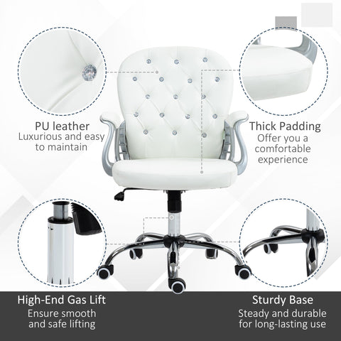 Vinsetto Office Chair Ergonomic 360\'c2\'b0 Swivel PU Diamante Padded Base 5 Castor Wheels for Home Work White