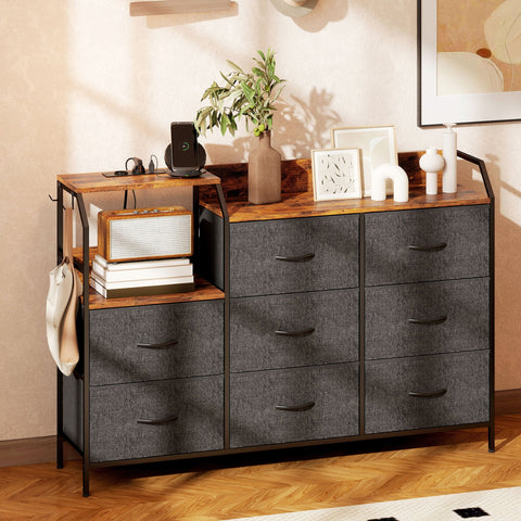 HOMCOM Chest of Eight Drawers, with Charging Station - Brown/Black