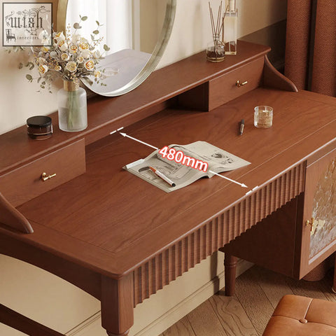 Brown cherry wood ryan dressing table with glossy finish, vertical grooves, and gold-toned drawer hardware
