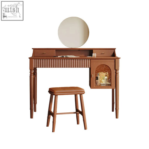 Brown cherry wood ryan dressing table with round mirror and matching stool for stylish bedroom use